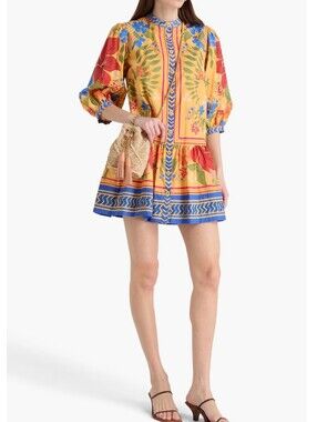 FARM RIO Floral-print Cotton-poplin Mini Dress Medium Pastel Orange